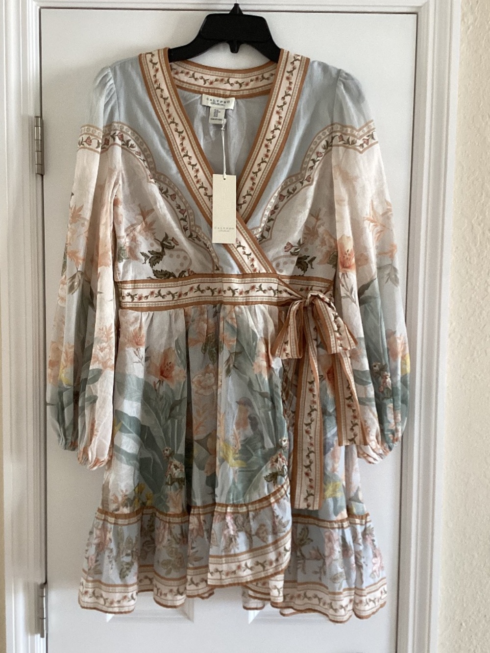 Calypso St. Barth Cotton Pastel Blue Floral V-Neck Faux Wrap Frill Mini Dress - Picture 2 of 16